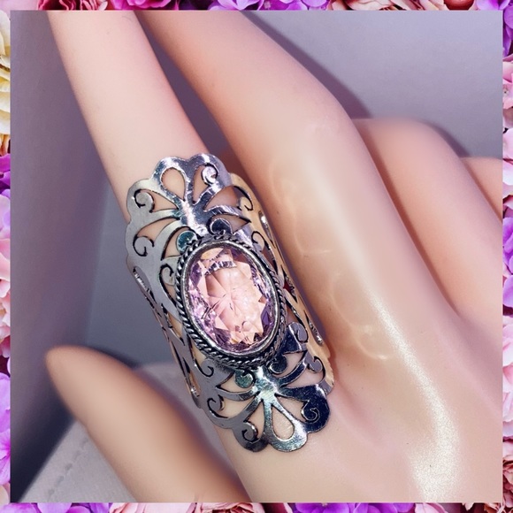 Radiant Pink Topaz Gemstone Handmade Shield Armor Filigree Ring - Picture 6 of 6